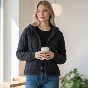 Free People Quilted Zip-Up Hoodie Jacket in Black Charcoal Size Small